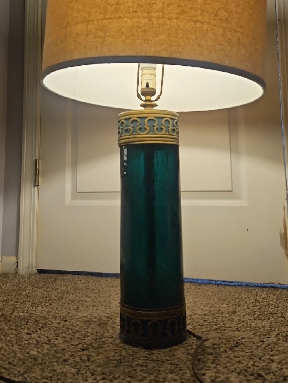 Vintage Mid Century Hollywood Regency Green Crackle Glass Cylinder Table Lamp